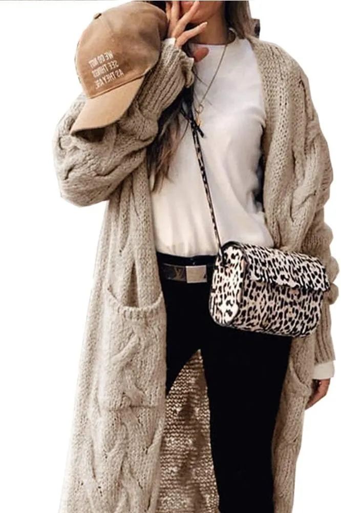 ZIWOCH Women's Long Cardigan Coats Cable Knit Casual Open Front Long Sleeve Loose Sweater with Pockets