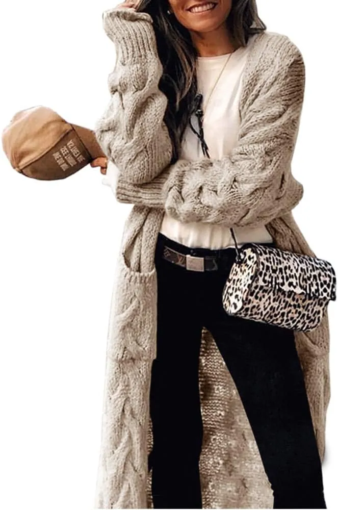 ZIWOCH Women's Long Cardigan Coats Cable Knit Casual Open Front Long Sleeve Loose Sweater with Pockets