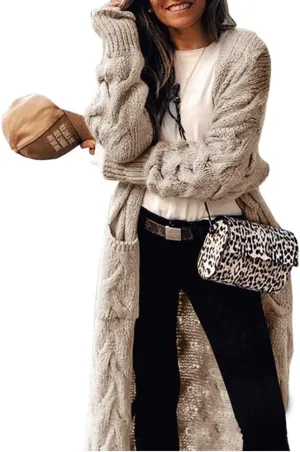 ZIWOCH Women's Long Cardigan Coats Cable Knit Casual Open Front Long Sleeve Loose Sweater with Pockets