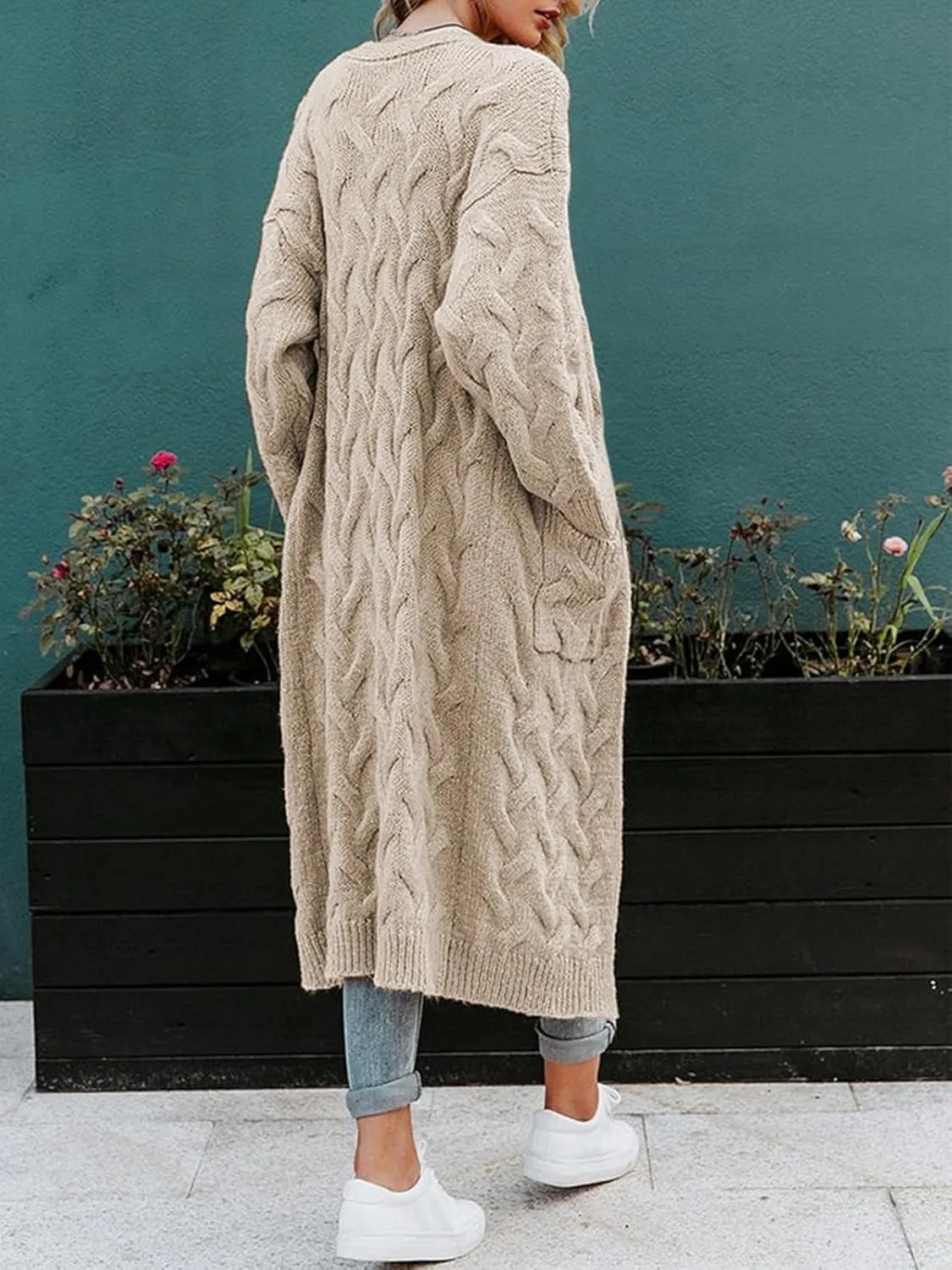 ZIWOCH Women's Long Cardigan Coats Cable Knit Casual Open Front Long Sleeve Loose Sweater with Pockets