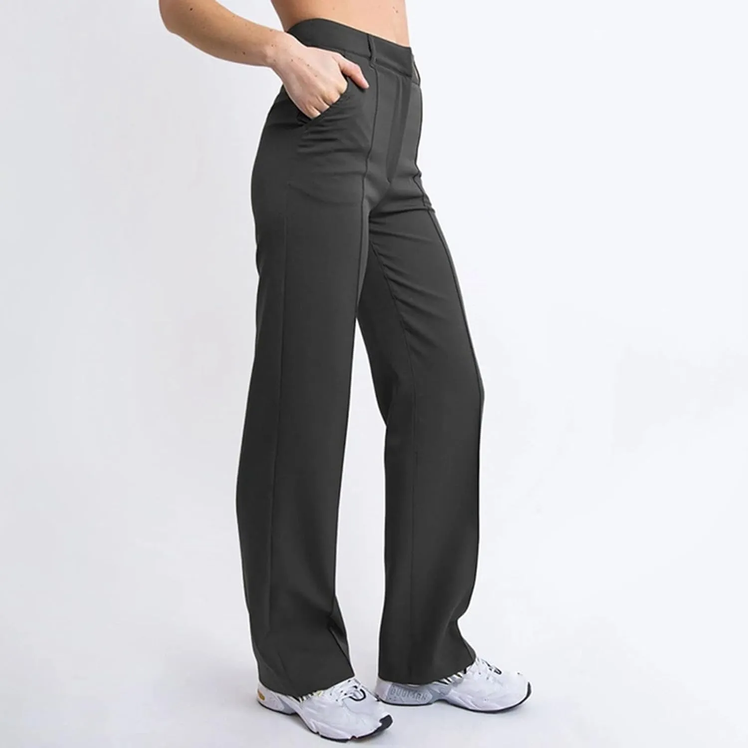 ZYXTIM Women's High Waist Straight Pants Flat Front Smart Work Trousers Zipper Fly Business Casual Trouser Petite-Plus Size