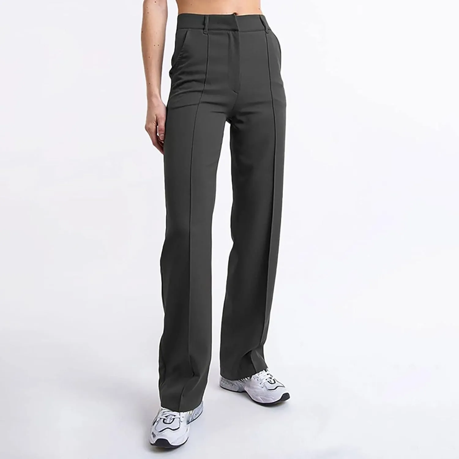 ZYXTIM Women's High Waist Straight Pants Flat Front Smart Work Trousers Zipper Fly Business Casual Trouser Petite-Plus Size